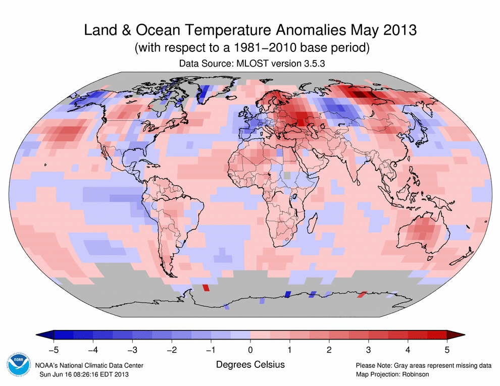 Les anomalies de température de mai 2013. Doc. NOAA
