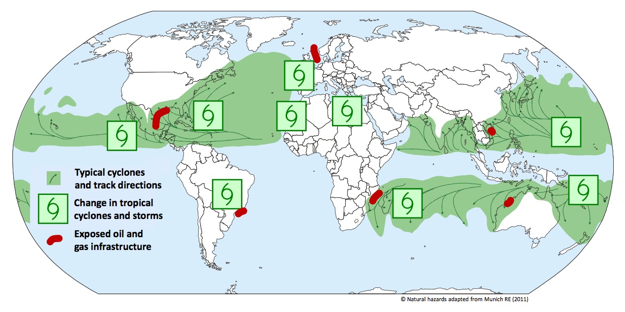 Risques des cyclones et tempêtes sur les infrasctructures de gaz et de pétrole. Source IEA