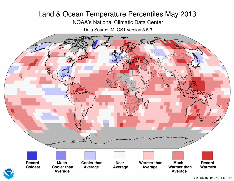 Les anomalies de température de mai 2013 par rapport à la moyenne des mesures effectuée depuis la fin du 19ème siècle. Doc NOAA.