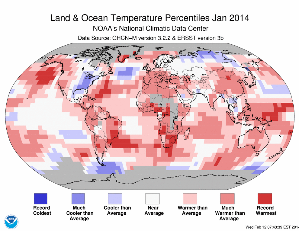 Anomalies de température de janvier 2014 par rapport à la moyenne. Doc. NOAA.