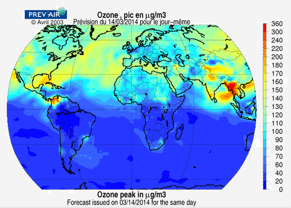 Concentration d'Ozone sur la planète vendredi 14 mars 2014. DOC. PREV'AIR.