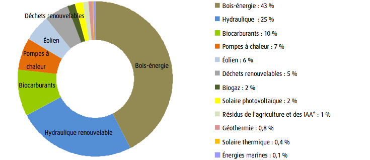 Part de chaque énergie dans le total d'énergie renouvelable produite en France. Doc CGDD