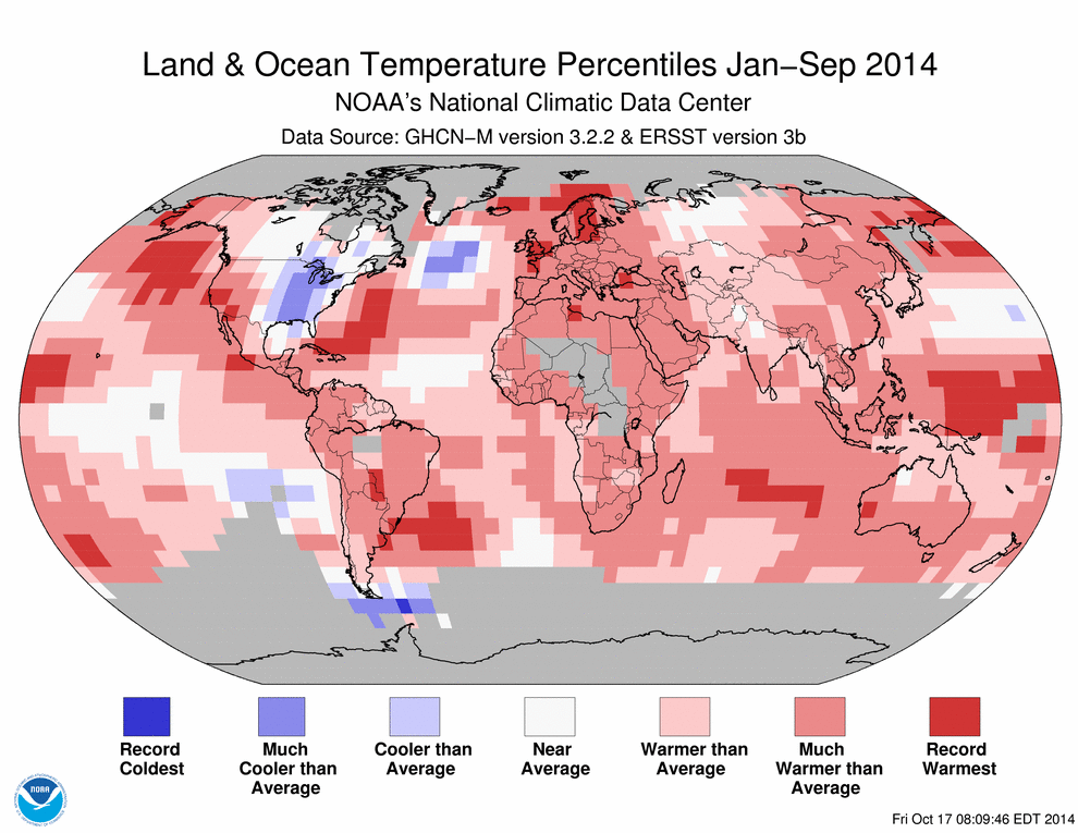Réchauffement moyen connu dans la période janvier - septembre 2014 par rapport à la moyenne du 20e siècle. Doc. NOAA