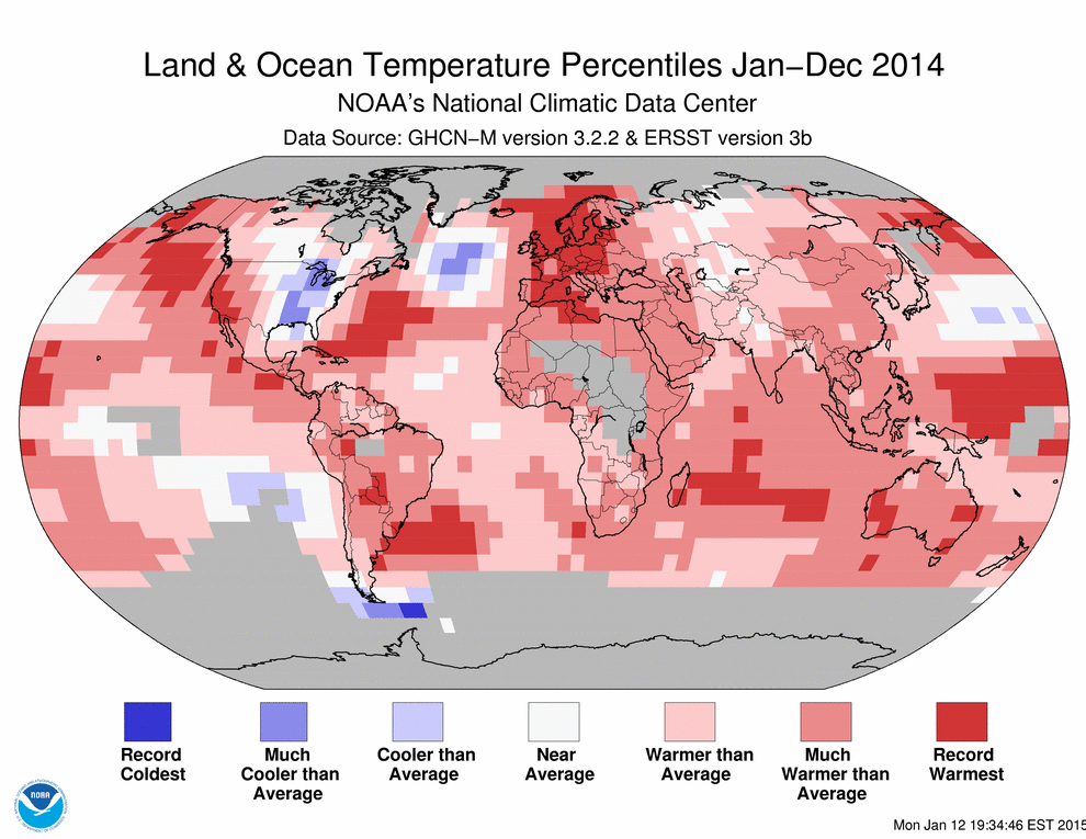 Anomalies de température pour l'année 2014 par rapport à la moyenne. Une année record pour l'Europe de l'Ouest. Doc. NOAA