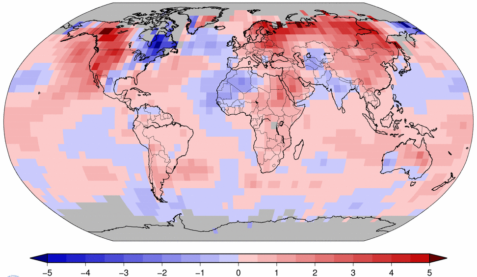 Anomalies de température en mars 2015 par rapport à la moyenne 1981-2010 (en degrés celsius). Doc. NOAA