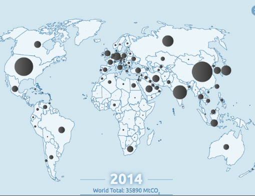 Emissions 2014 dues à la combustion des énergies fossiles. Doc. Global Carbon Atlas.